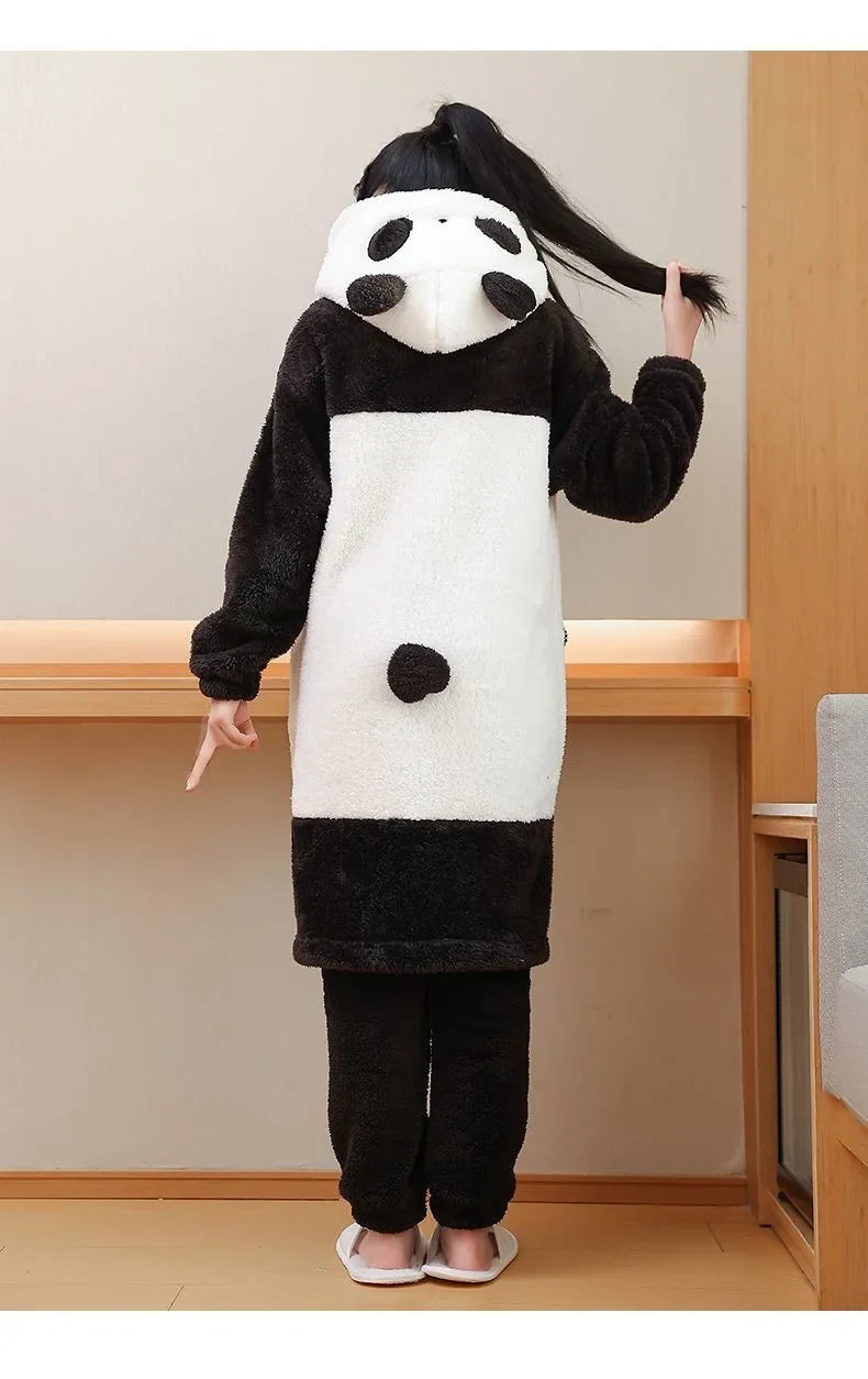Cartoon Panda Plush Pajamas Robes Anime Adult Nightgown Winter Long Sleeve Night Dress Halloween Party Comfy Kawaii Girl Slipper