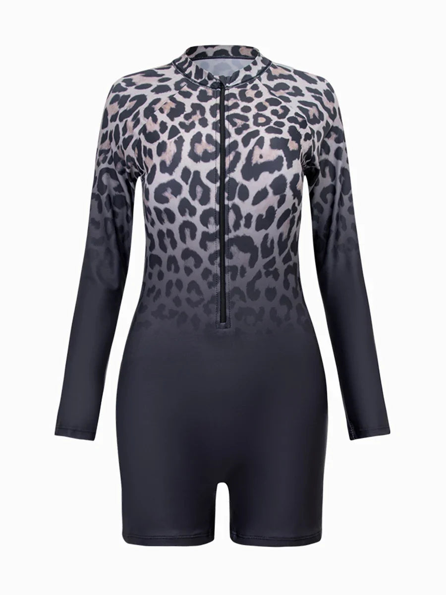 2026 Zipper Rushguard Long Sleeve Surfing Swimsuit Women One Piece Leopard Swimwear Female Bather Bathing Swimming Swim Suit XXL