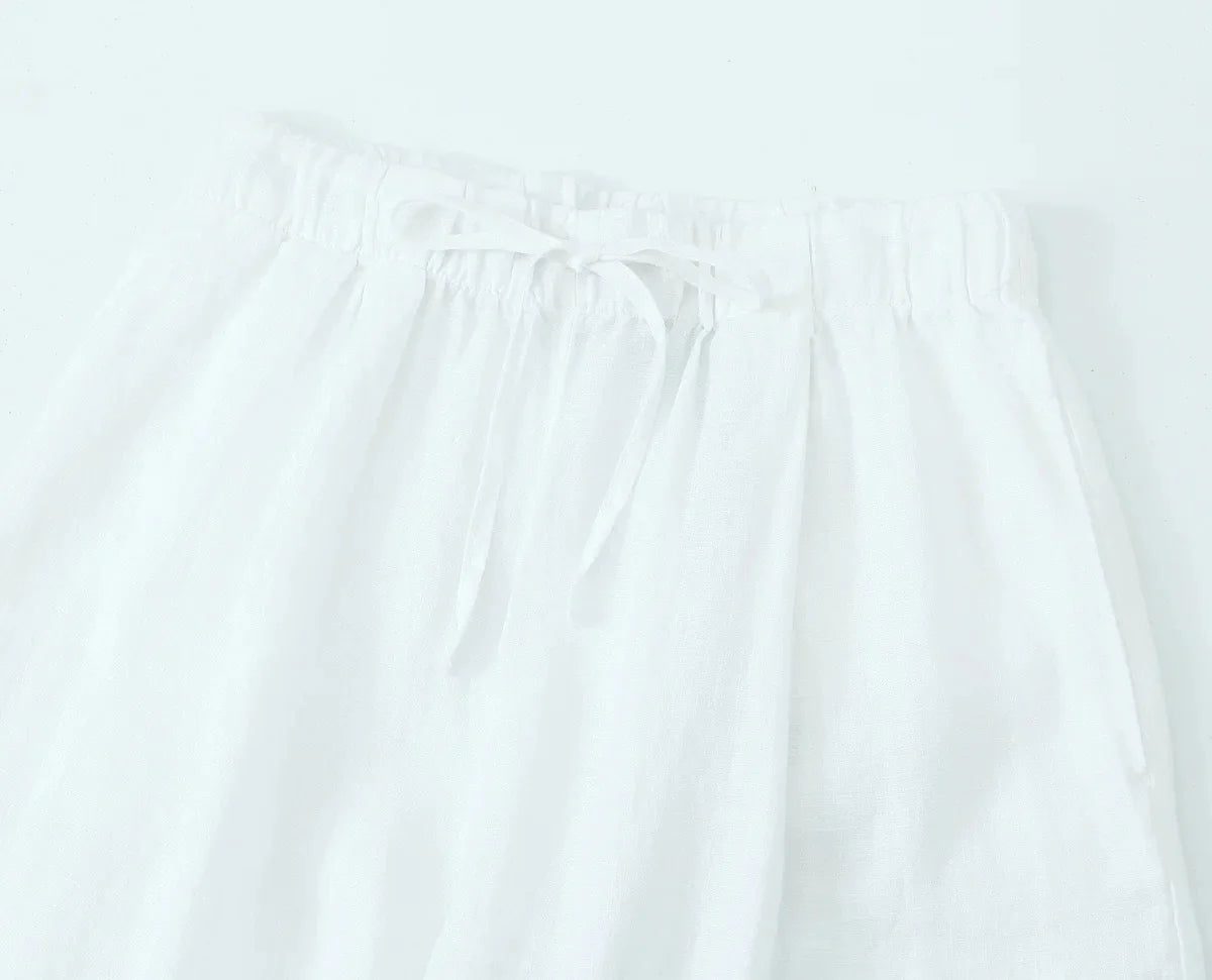 Foridol Cotton Linen White Long Pants Women Spring Summer Casual Wide Leg Pants Pantalones Elastic Waist Sash New Female Pants