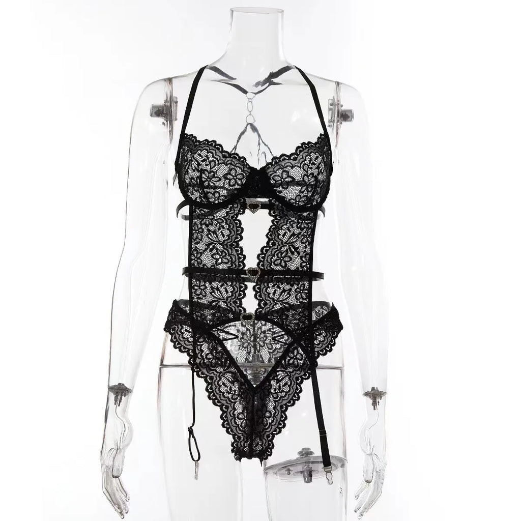 Sexy lingerie European and American Internet celebrity pure desire see-through mesh splicing sexy lace jumpsuit