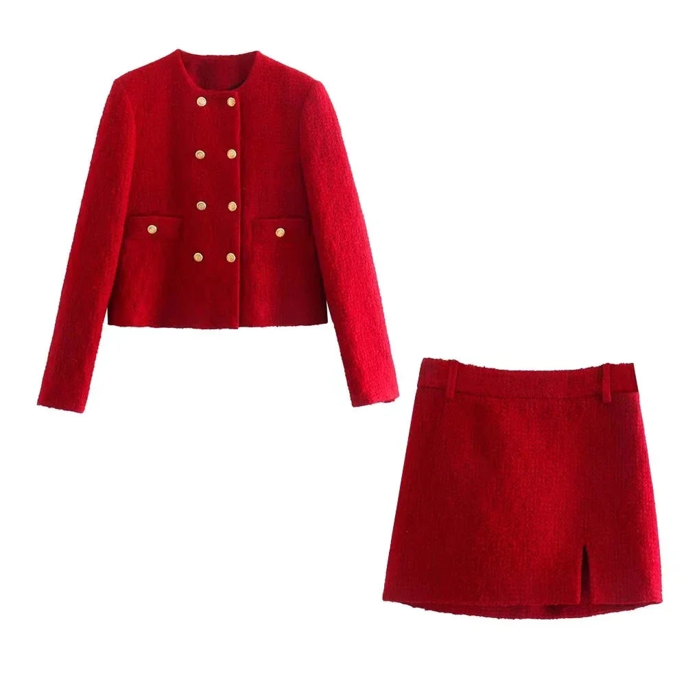 Foridol Double Breasted O Neck Short Blazer Skirt Sets Two Pieces Office Ladies Red Winter Thick Cozy Suits Elegant Blazer Top