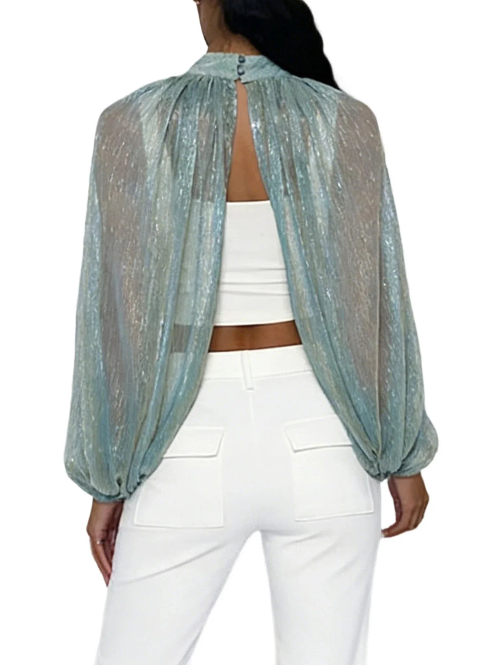 Women's Spring Summer Solid Color Sheer Blouse Glitter Long Sleeve Mock Neck Open Front Tops Streetwear