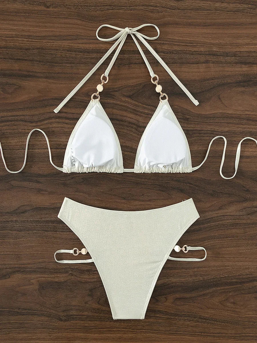 Shiny Sparkling Halter Pearls Bikini Women Swimwear Female Swimsuit Two-pieces Bikini set Hollow Out Bather Bathing Suit Swim