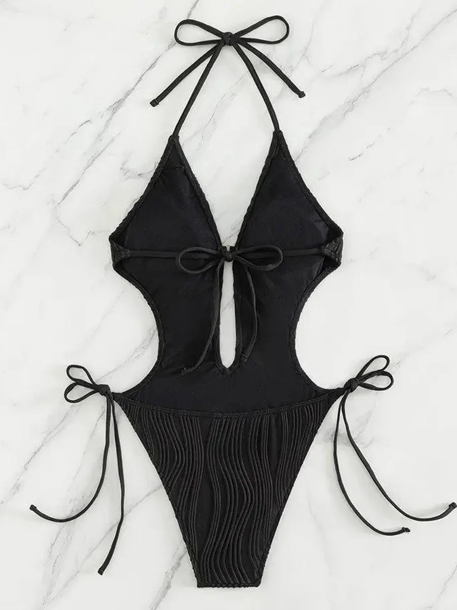 S - XXL Halter V Neck Wrinkled Female Swimwear One Piece Swimsuit Women Backless Monokini High Cut Bathing Suit Swim Beach Wear