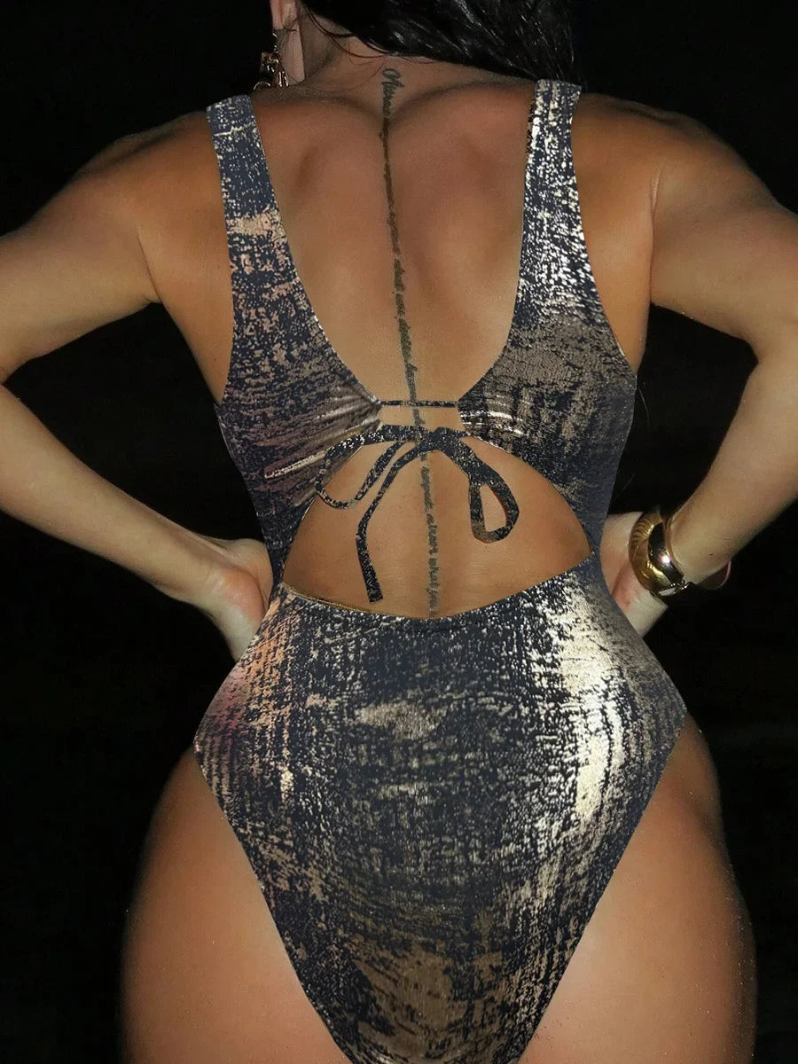 Golden Glitter Deep V Neck One Piece Swimsuit Women Swimwear Female Backless Monokini High Leg Cut Bathing Suit Swim Beachwear