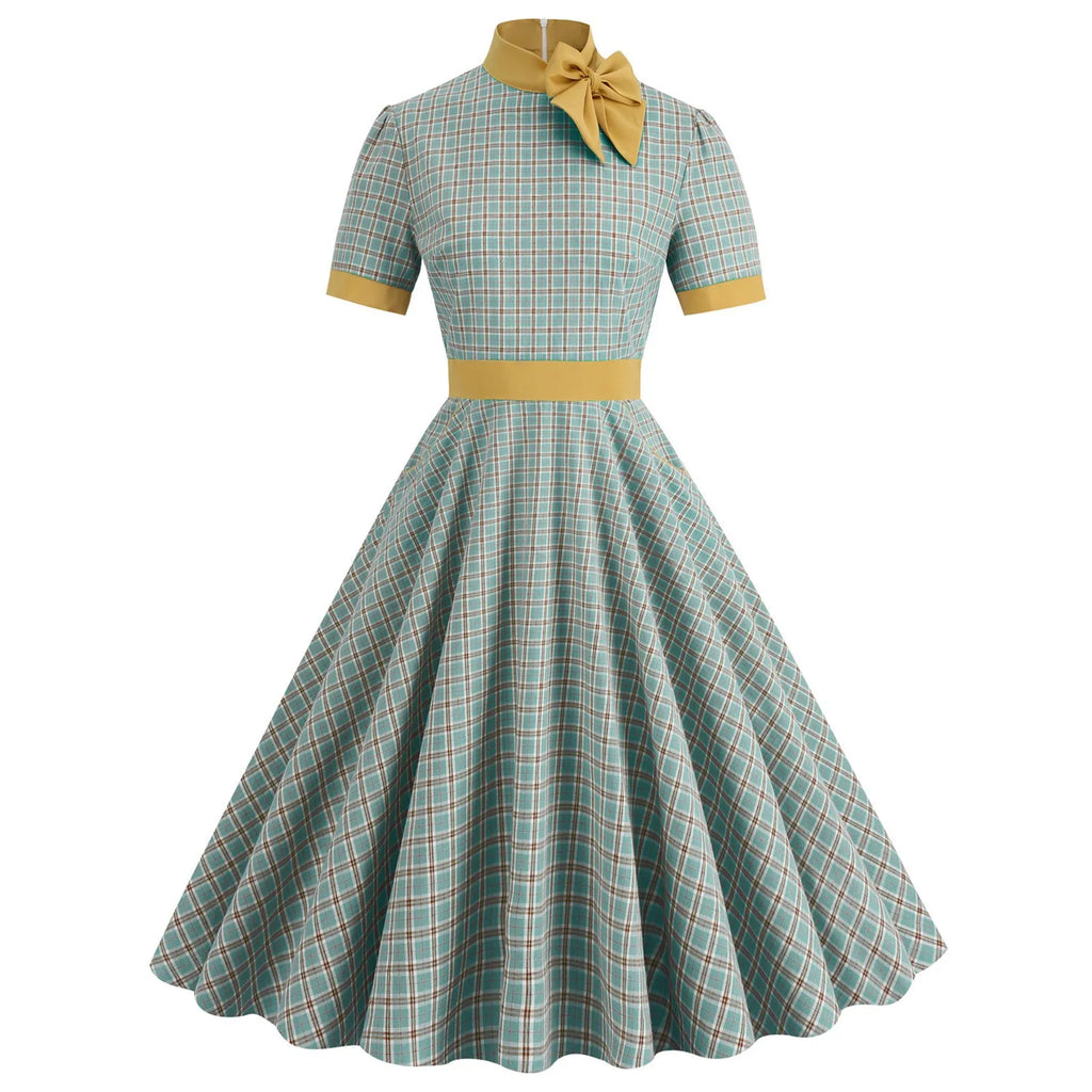 Retro Women's Plaid Dress Stand Neck Short Sleeve Cotton Dresses Lace Up Bow Tie Pleated Swing Vestidos Vintage Court Dresses