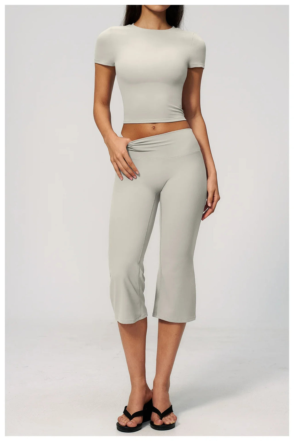 Yoga Set for Women High Waist Hip Lifting Tight Mid Pants Fitness Suit Short Sleeve O Neck Slimming Sports T Shirt Athletic Wear