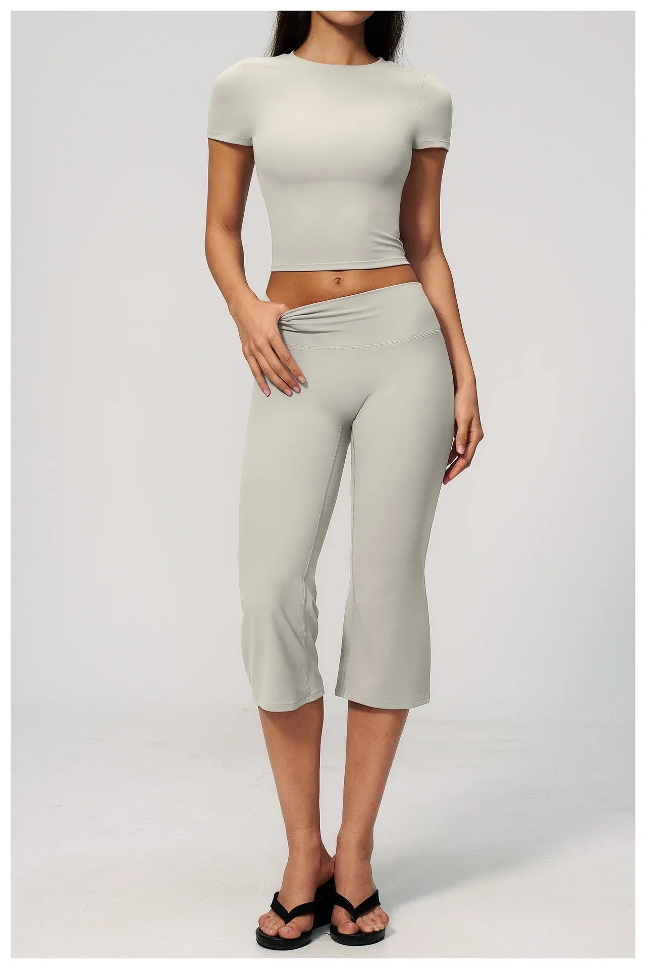 Yoga Set for Women High Waist Hip Lifting Tight Mid Pants Fitness Suit Short Sleeve O Neck Slimming Sports T Shirt Athletic Wear