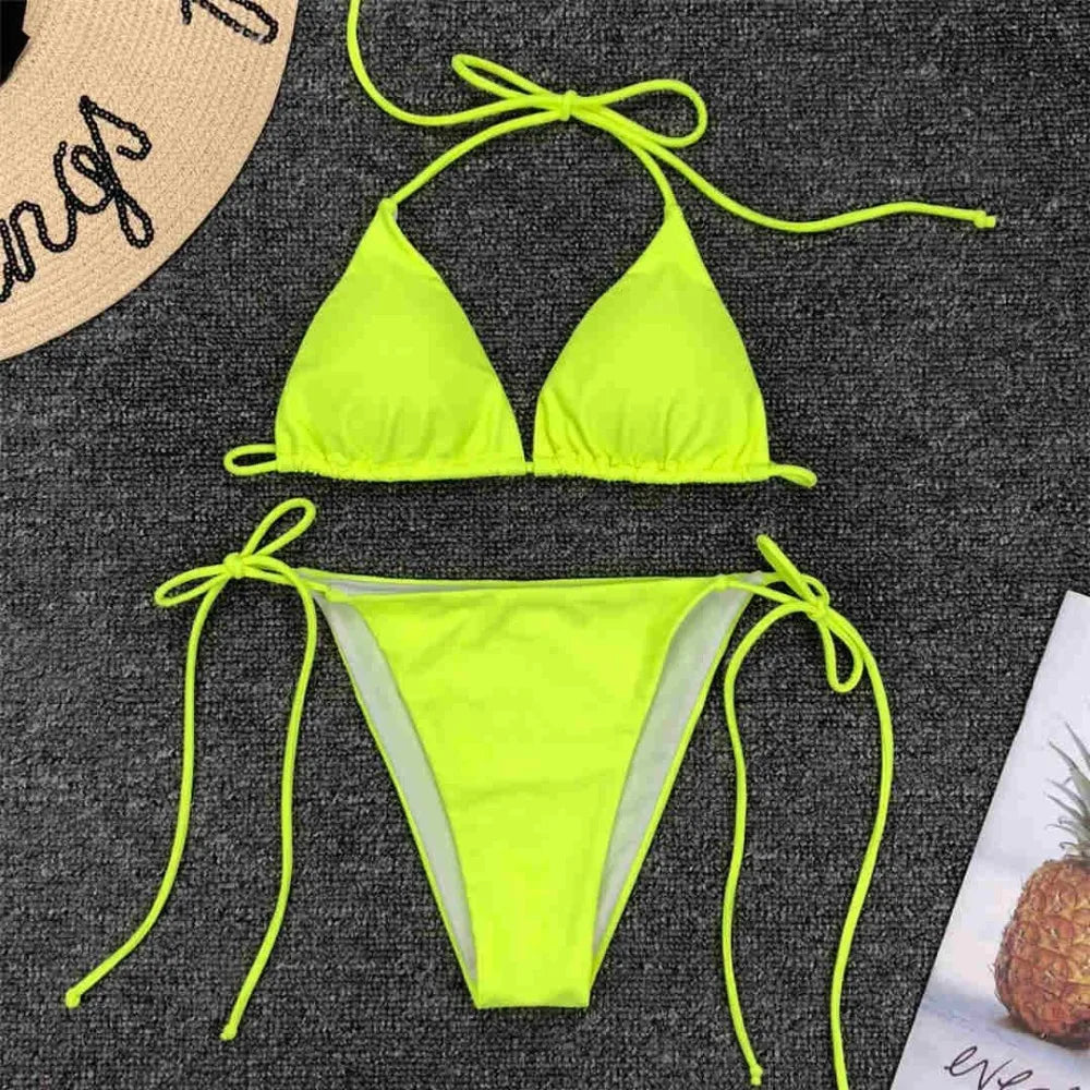 New Sexy Neon Pink Brazilian Bikini Women Swimwear Halter Swimsuit Female Two-Pieces Bikini Set Bather Bathing Suit Swim V1312