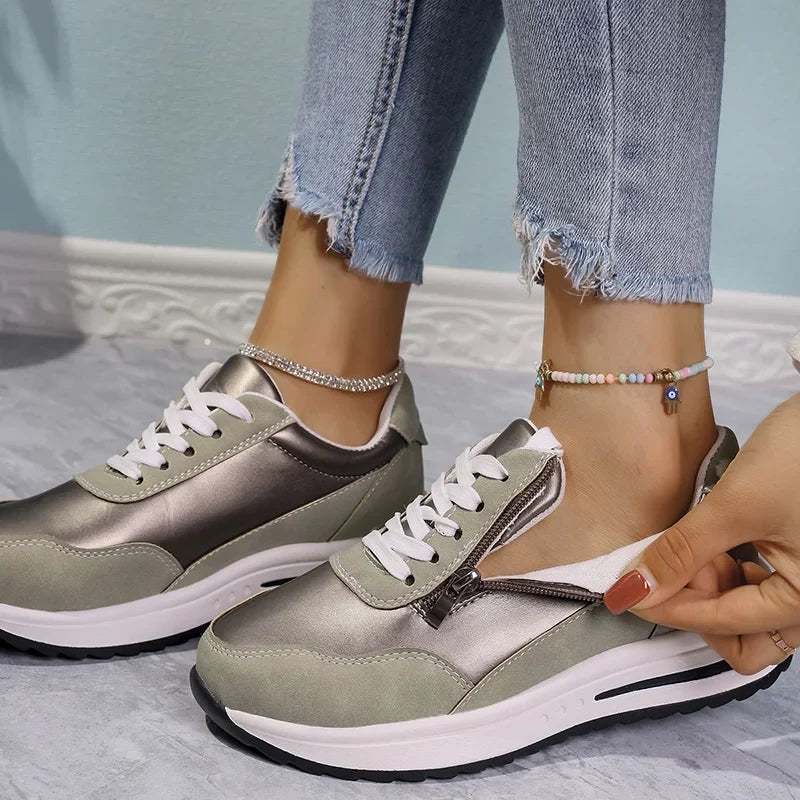 Fashion Lace Up Thick Bottom Sneakers for Women 2025 Zipper Decor Platform Sneakers Shoes Woman Non Slip Plus Size Sports Shoes