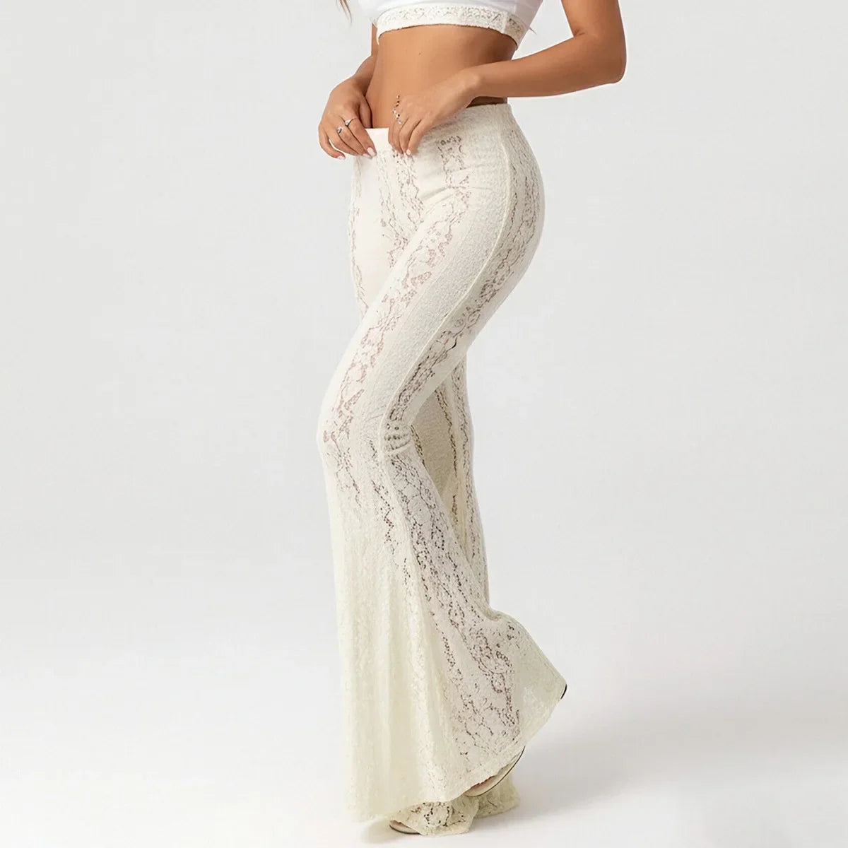 2026 spring and summer slim fit hip-hugging low-waist lace bell-bottom casual pants