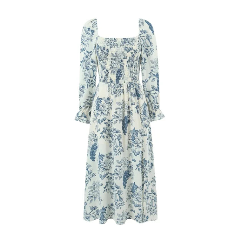 French Casual Style Square-neck Slim-fit Dress Feminine With Side Slit Three-quarter Sleeves Waist Cinching Printed Holiday THF3