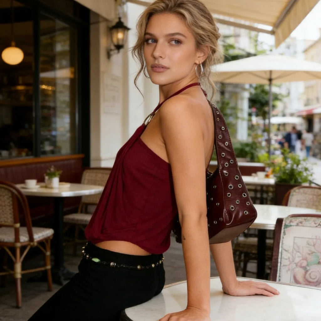 Women's Halter Neck Tops Sleeveless Metal Ring Front Slim Fit Solid Color Tops Summer Vest