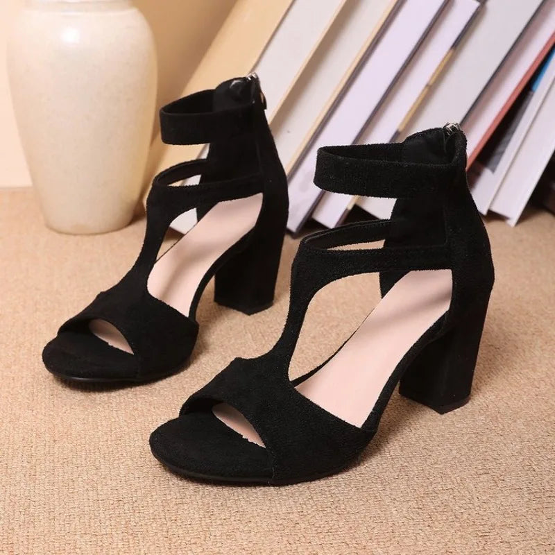 2026 Summer New Women's Fashionable and Comfortable High Heel Sandals with Bare Toes Anti Slip Solid Color Coarse Heel Sandals