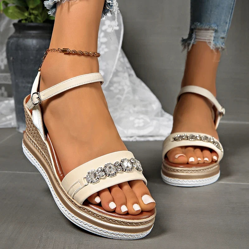 Crystal Decor Women's Wedges Sandals 2026 Summer Ankle Buckle Platform Gladiator Shoes Woman Comfort Casual High Heels Sandals