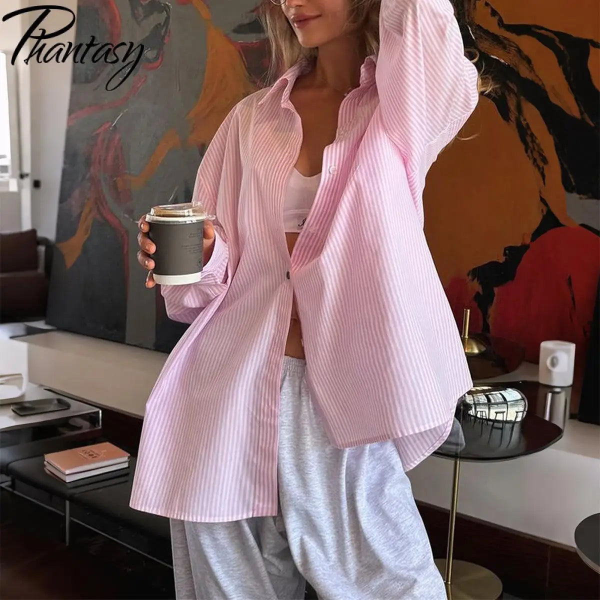 Phantasy Retro Casual Minimalist Style Striped Printed Button Down Long Sleeved Shirt Autumn Versatile Lapel Striped Loose Shirt