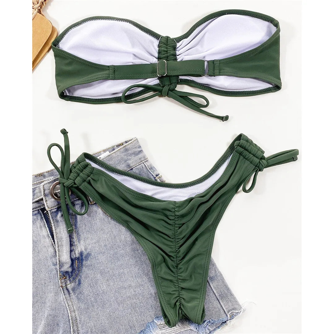New Sexy Lace Up Scrunch Butt Bandeau Bikini Female Swimsuit Women Swimwear Two-pieces Bikini set Bather Bathing Suit Swim K3189