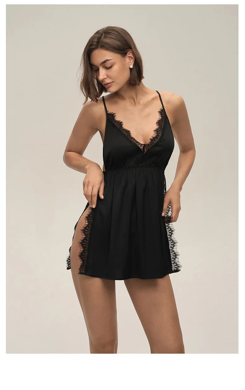 Plus Size 3XL -5XL Female Nightgown Chemise Sleepwear Sexy Intimate Lingerie Backless Nightdress Silky Satin Homewear Loungewear