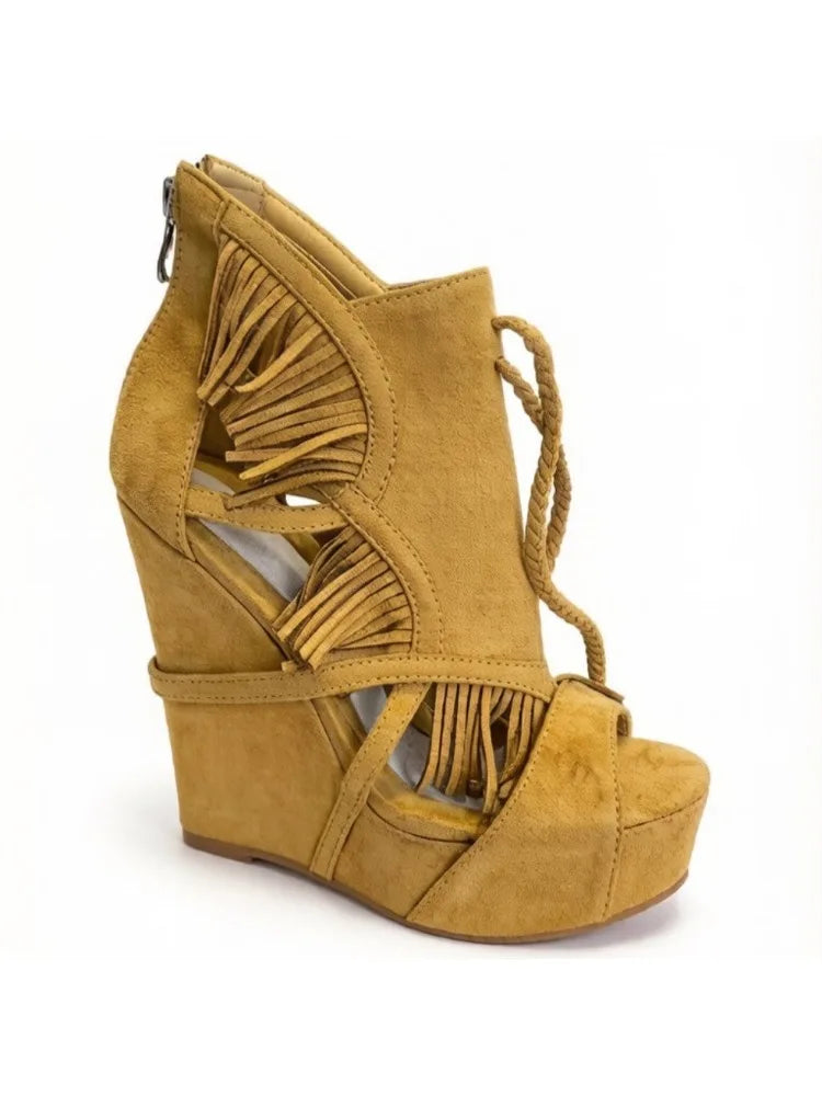 Yellow Suede Tassels Wedges Heel Platform Sandals Back Zipper Women Shoes Peep Toe Party Feast Dating 2026 Zapatos Para Mujere