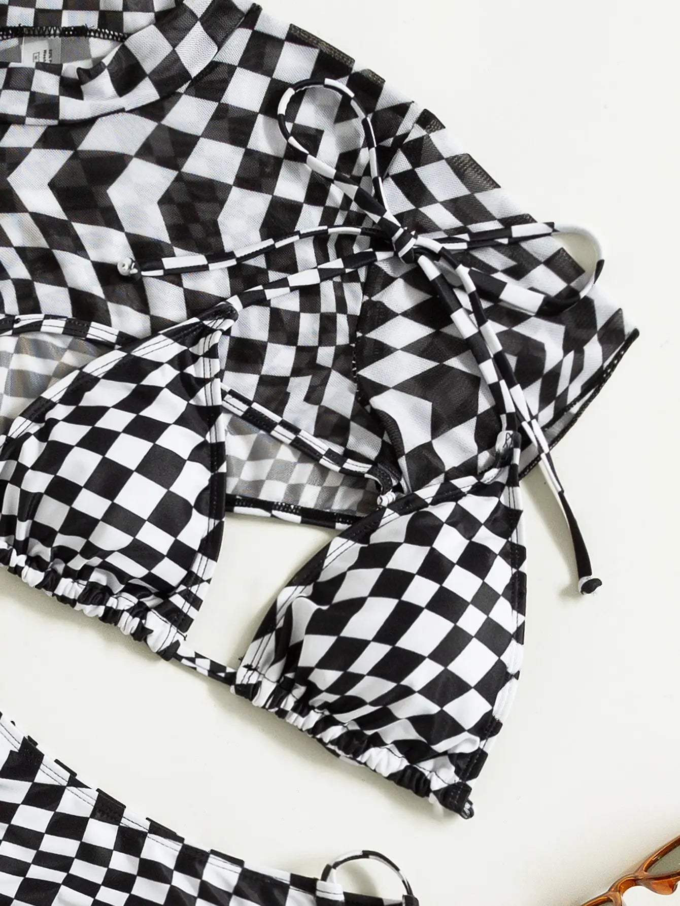 3 Pieces Checkered Tie Side Bikini 2026 Women With Cover Up Top Swimwear Female Swimsuit Beach Wear Bathing Swimming Suit Summer