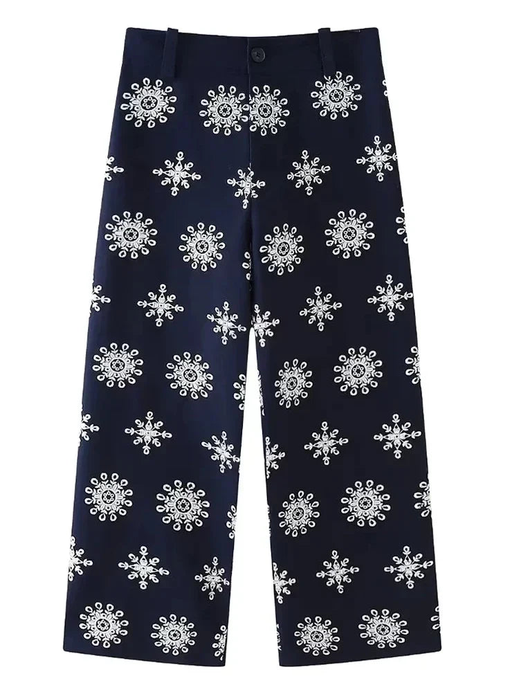Foridol Floral Embroidery Cropped Pants Women Summer Casual Zip Navy Blue Fashion Female Pants Pantalones 2025 Mujer