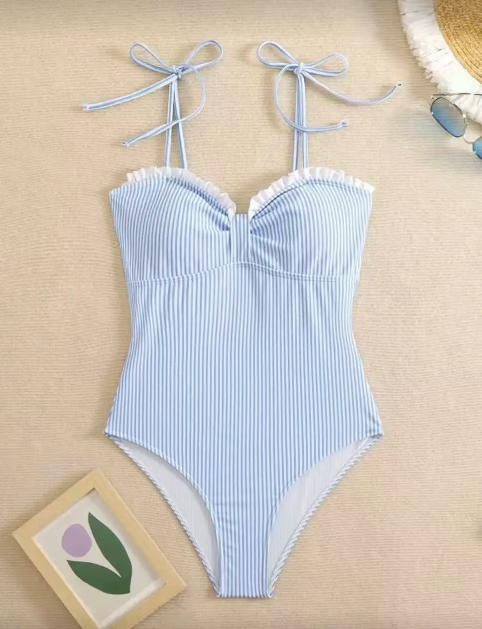 2026 Strappy Swimsuit One Piece Sexy Striped Ruffle Swimwear Women Bathers Bathing Swimming Swim Suit Padded Beachwear Summer