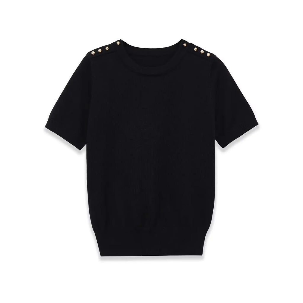 Fashion Casual Short-sleeve Knit Top With Black Short Sleeve Knit Top Gold Button Detail Round Neck Slim Fit Casual Sweater GRQ4