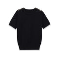 Fashion Casual Short-sleeve Knit Top With Black Short Sleeve Knit Top Gold Button Detail Round Neck Slim Fit Casual Sweater GRQ4