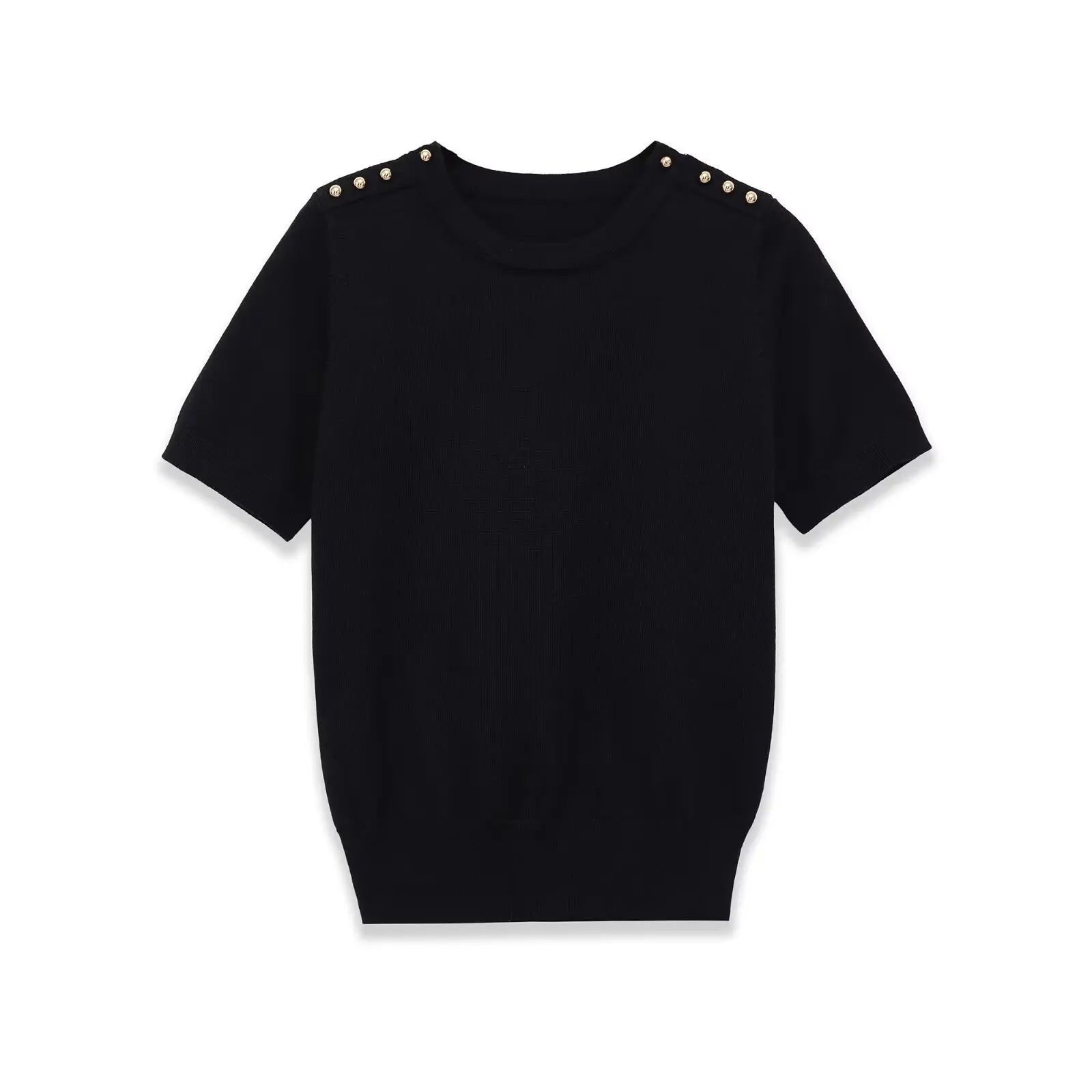 Fashion Casual Short-sleeve Knit Top With Black Short Sleeve Knit Top Gold Button Detail Round Neck Slim Fit Casual Sweater GRQ4