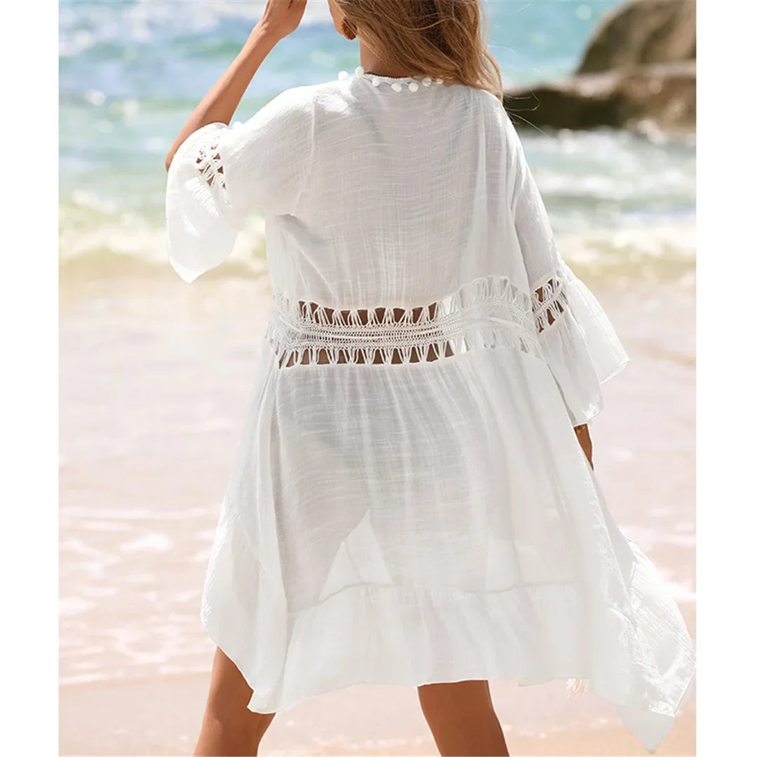 V Neck Half Sleeve Splicing Crochet Knitted Tunic Beach Cover Up Cover-ups Beach Dress Beach Wear Beachwear Female Women V7660