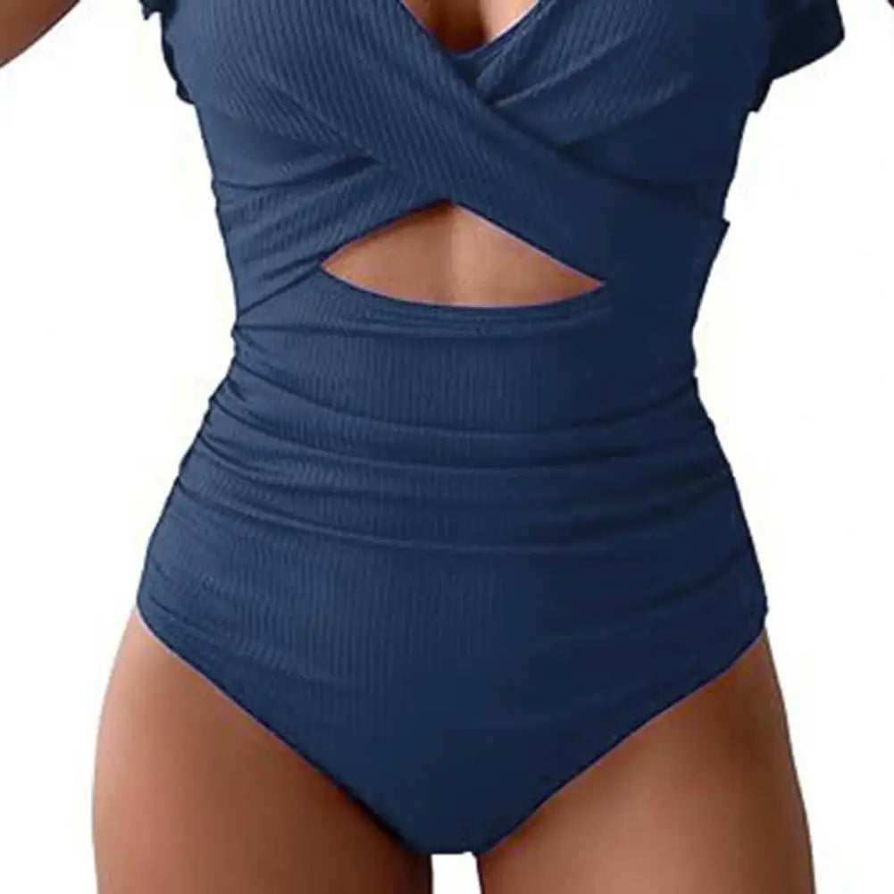 Women Monokini V-Neck Ruffle Sleeve One-Piece Swimsuit Solid Color High Waist Tummy Control Bathing Suit