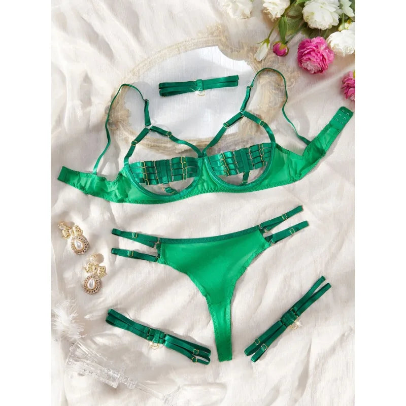 Toucheart Hollow Out 4-piece Sexys Set Transparent Lingerie For Women Underwear See Through Lingerie Sets Female Sexy Costumes