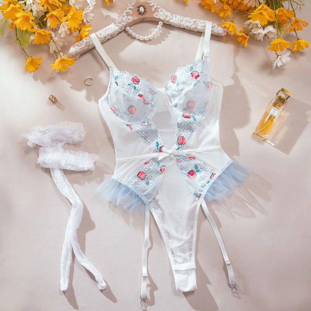 Toucheart Women Sexy Bodysuit Lace Printing See-through Skinny Plunge Romantic Hot Girls Interesting Leisure Sling Jumpsuit Set