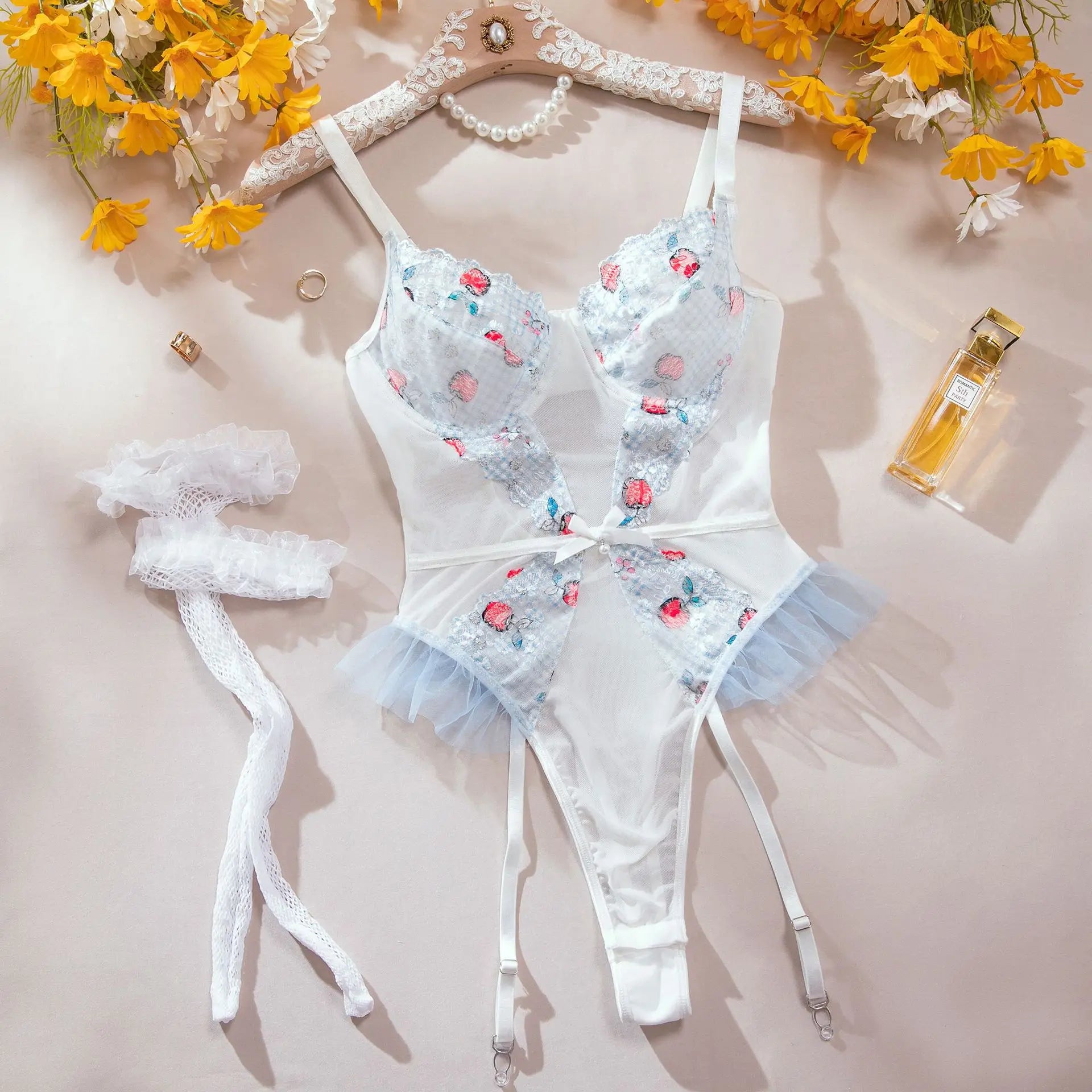 Toucheart Women Sexy Bodysuit Lace Printing See-through Skinny Plunge Romantic Hot Girls Interesting Leisure Sling Jumpsuit Set