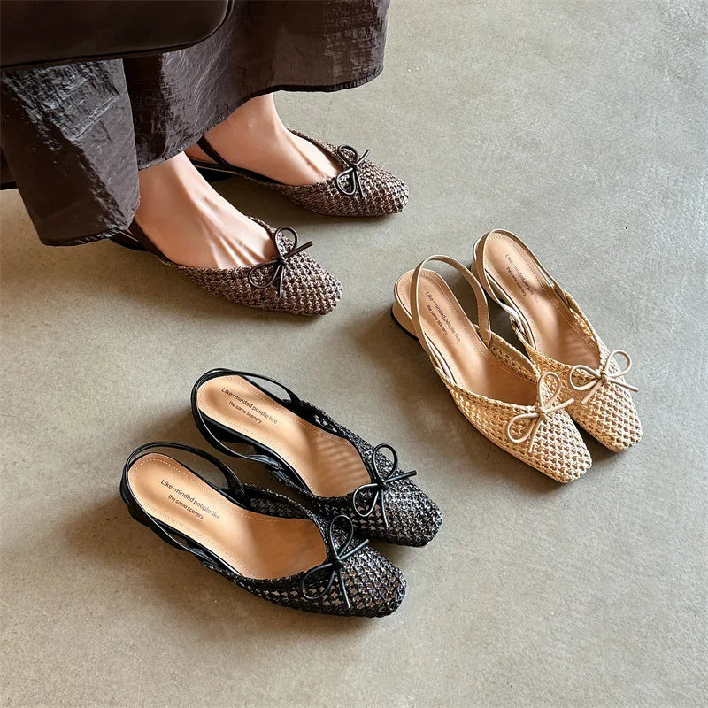 Woven Bow Back Strap Design Sandals Women's Summer New Square Head Shallow Mouth Single Shoe Comfortable Elegant Cool Pumps