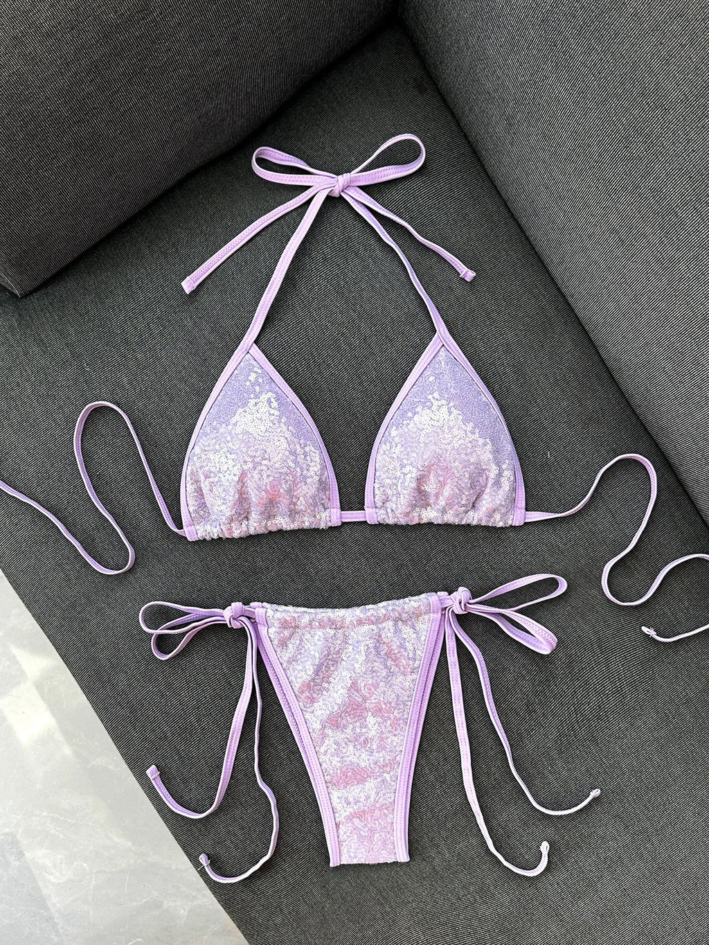 Shiny Sequin Blue Bikini Set 2026 Women Sexy Halter Push Up Bra Bandage Thong Swimsuit Beach Bathing Suit Hoiday Micro Swimwear