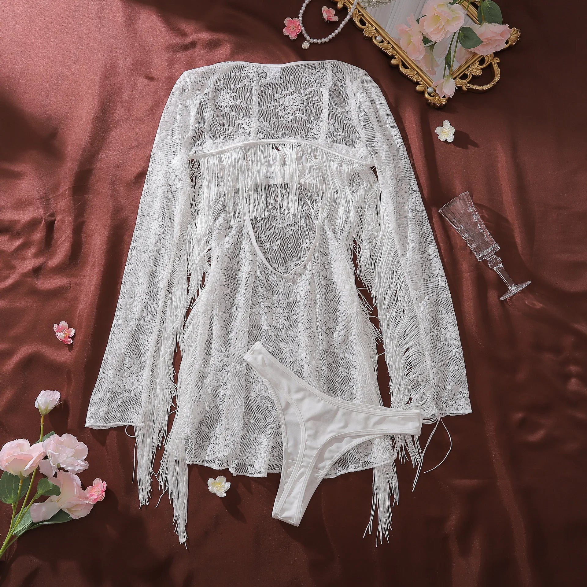 Toucheart Erotic Dress Elegant Palace-style Fringed Cardigan Spliced with See-through Intimate Lace Purelust Hip-hugging Dress