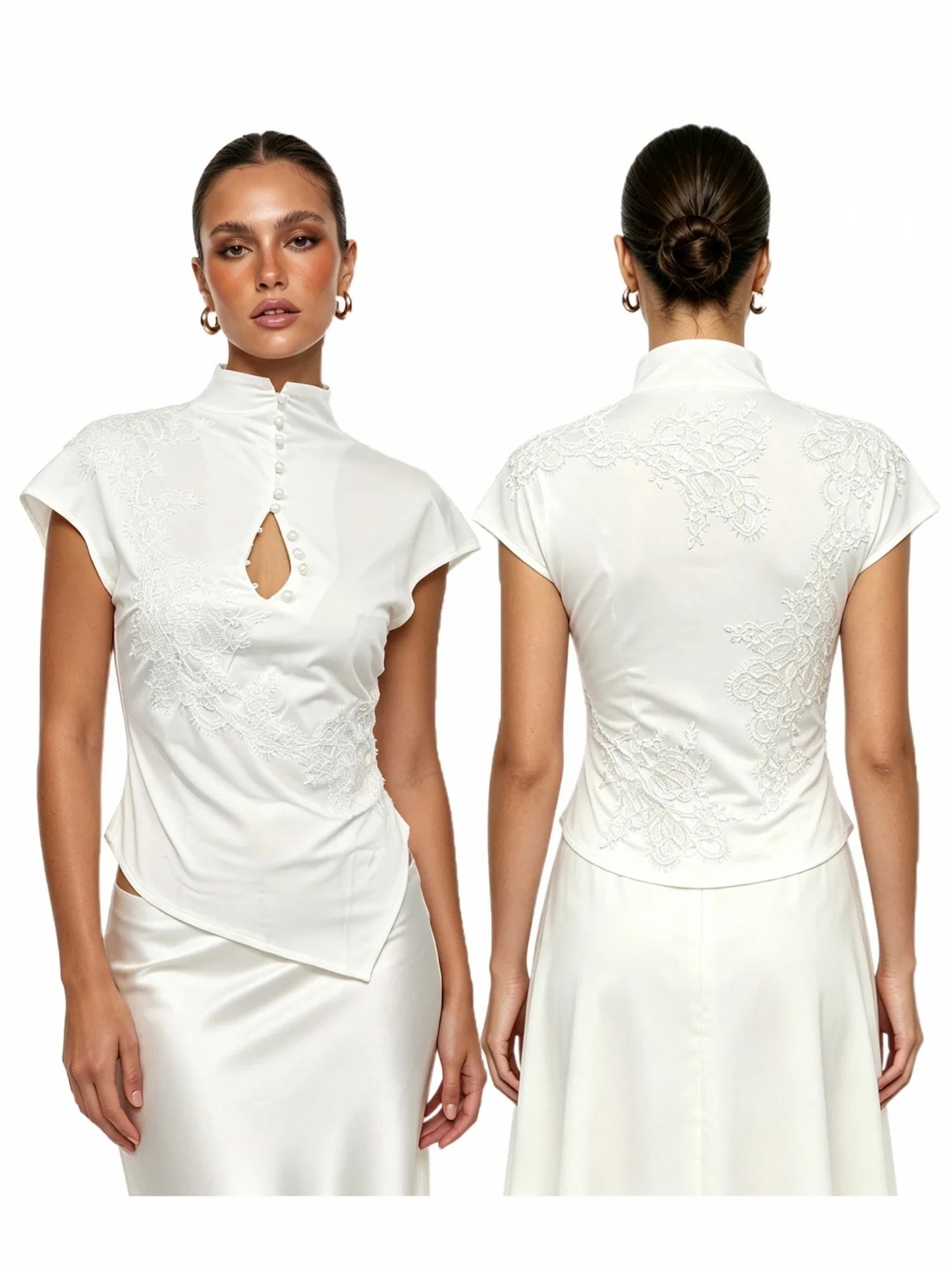Women's Cheongsam Tops Mock Neck Short Sleeve Lace Patchwork  Blouse Chinese Style Keyhole Summer Shirts