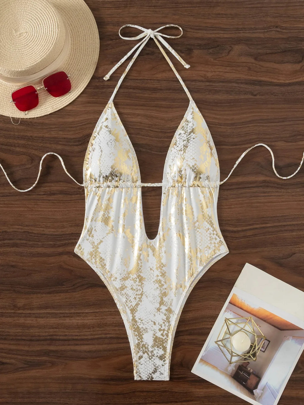 Sexy Brozing White Gold Swimsuit 2026 Women Hollow Out V Neck Backless One Piece Swimwear Summer Slimming Tummy Control Monokini