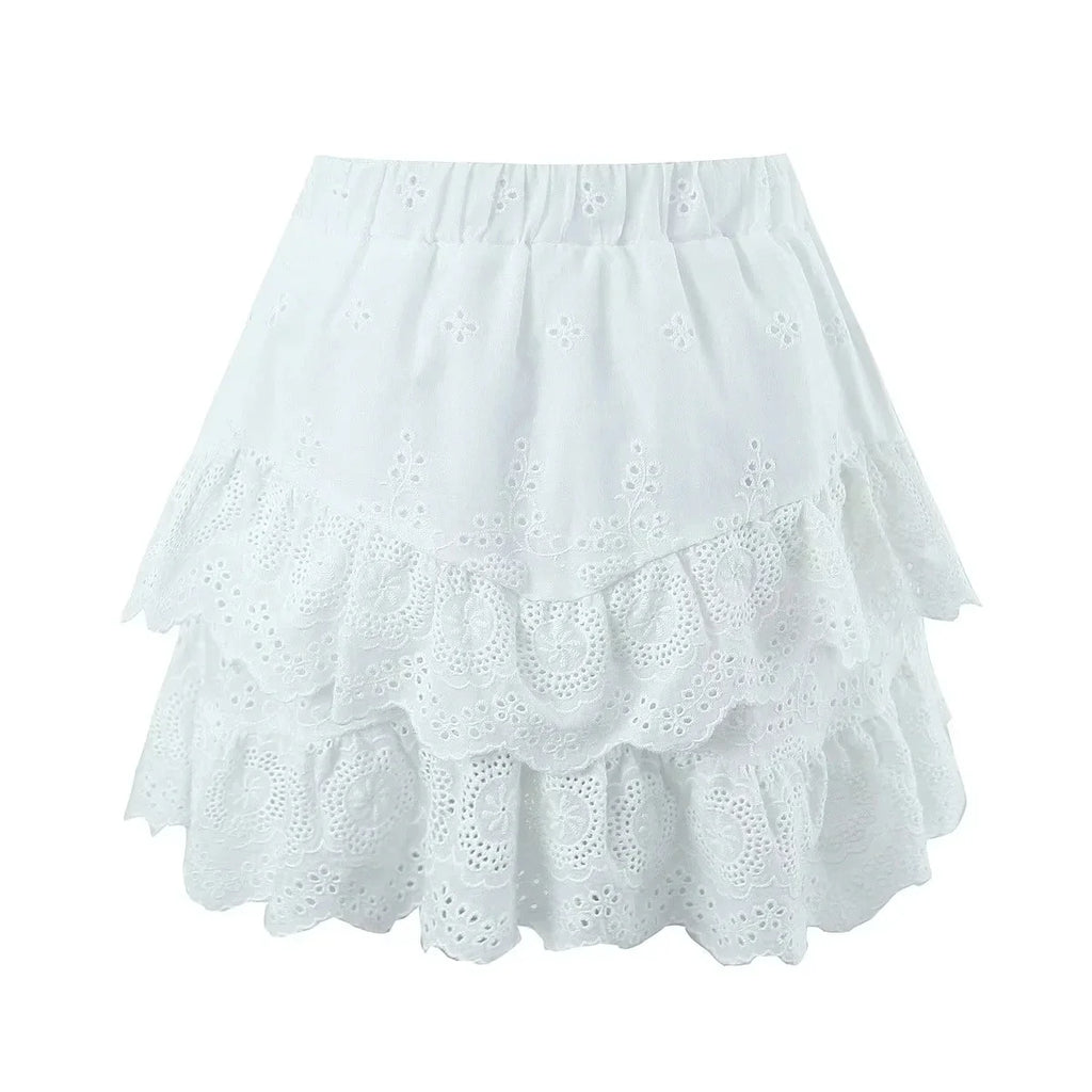 Foridol Summer Off Shoulder White Lace Skirt Set Dress Women Outfits Ruffles Tiered Mini Flower Embriodery Two Pieces Beach Suit
