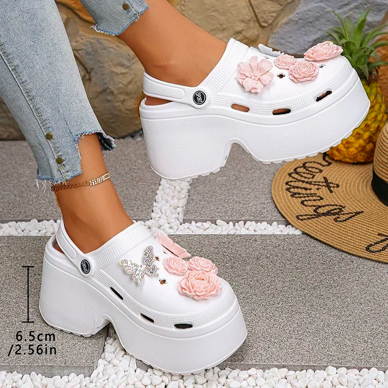 Pink Flowers Chunky Platform Clogs Sandals Woman Fashion Crystals Butterfly Wedges Sandles Woman Summer High Heels Garden Shoes
