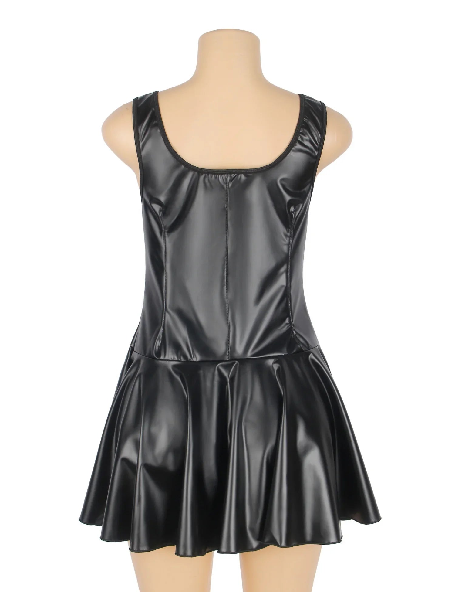 Black PU Leather Wide Strap Mini Dress for Women Heart Zipper Sexy Night Out Clubwear Plus Size Faux Leather Bodycon Babydoll