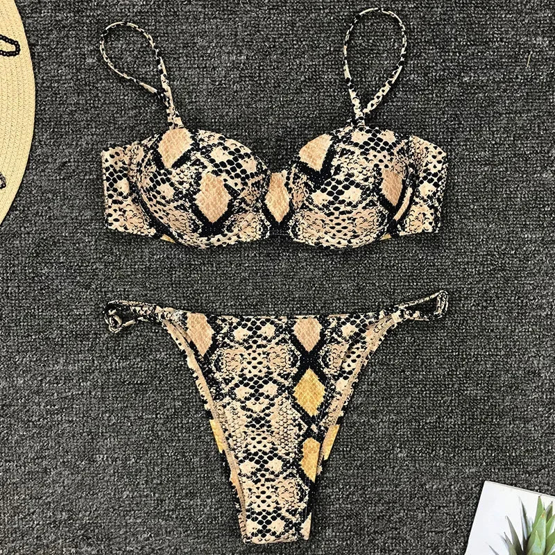 Snake Skin Underwired Bra Cup Bikini Women Swimsuit Female Swimwear Two Pieces Bikini Set Mini Micro Thong Bathing Suit Swim
