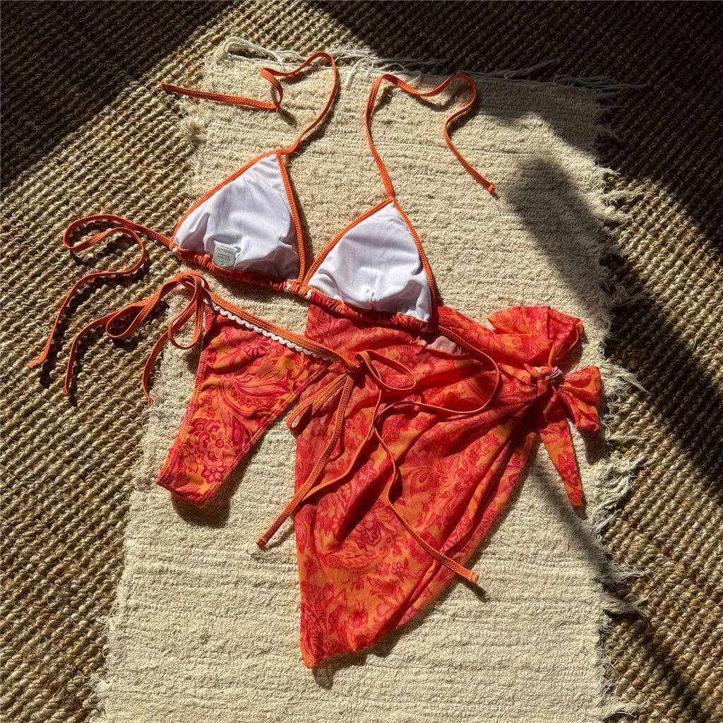 With Sarong Printed Halter Bikini Women Swimwear Female Swimsuit Three-pieces Bikini set Padded Bather Bathing Suit Swim V6966