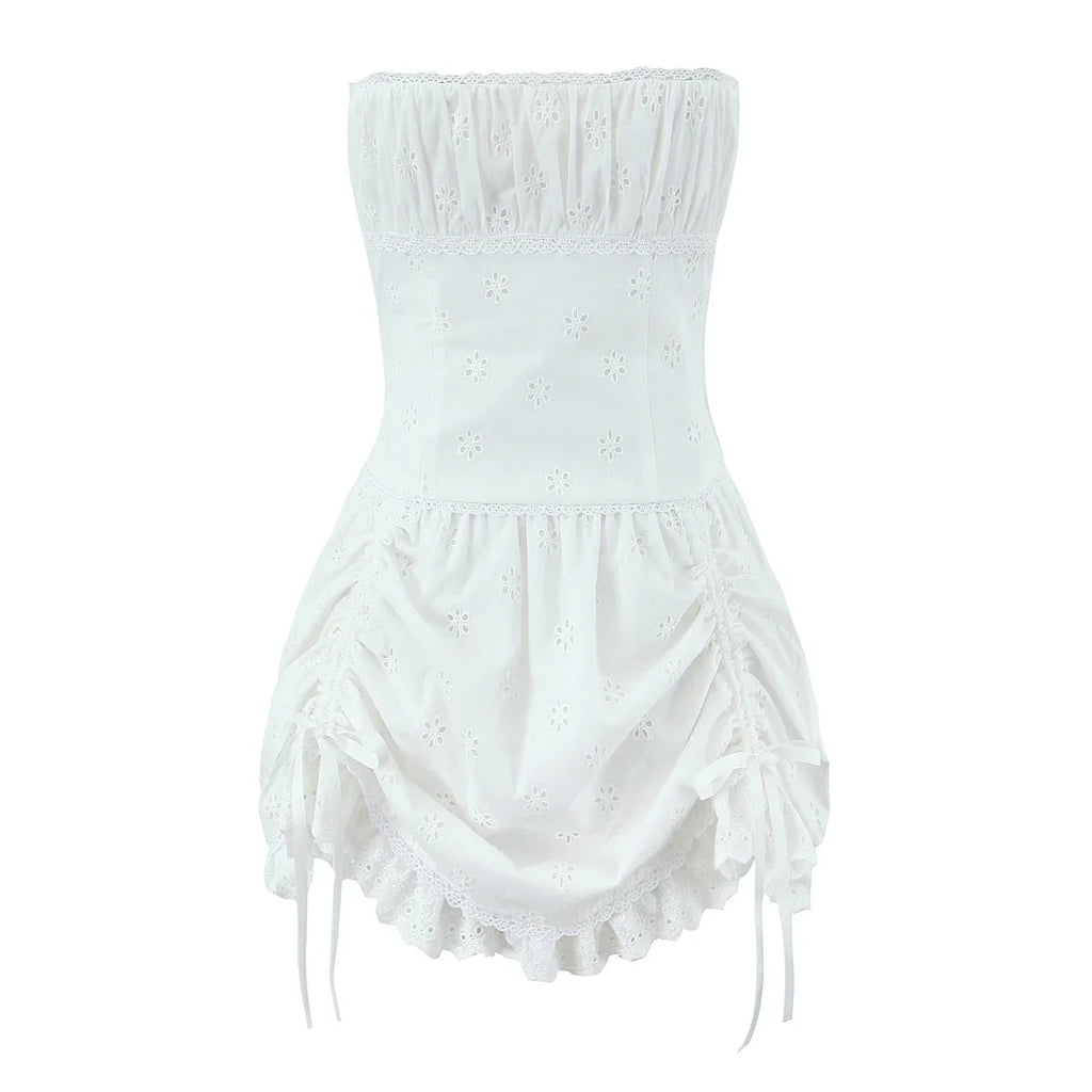 Foridol White Cotton Summer Women's Dress 2025 Off Shoulder Strapless Mini Beach Dress Casual Flower Embroidery Drawstring Dress