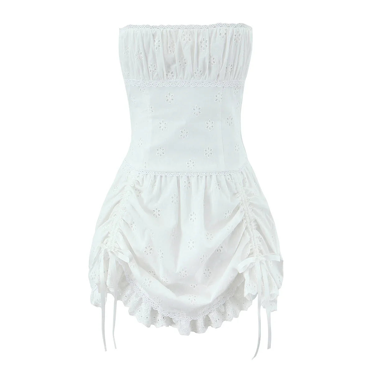 Foridol White Cotton Summer Women's Dress 2025 Off Shoulder Strapless Mini Beach Dress Casual Flower Embroidery Drawstring Dress