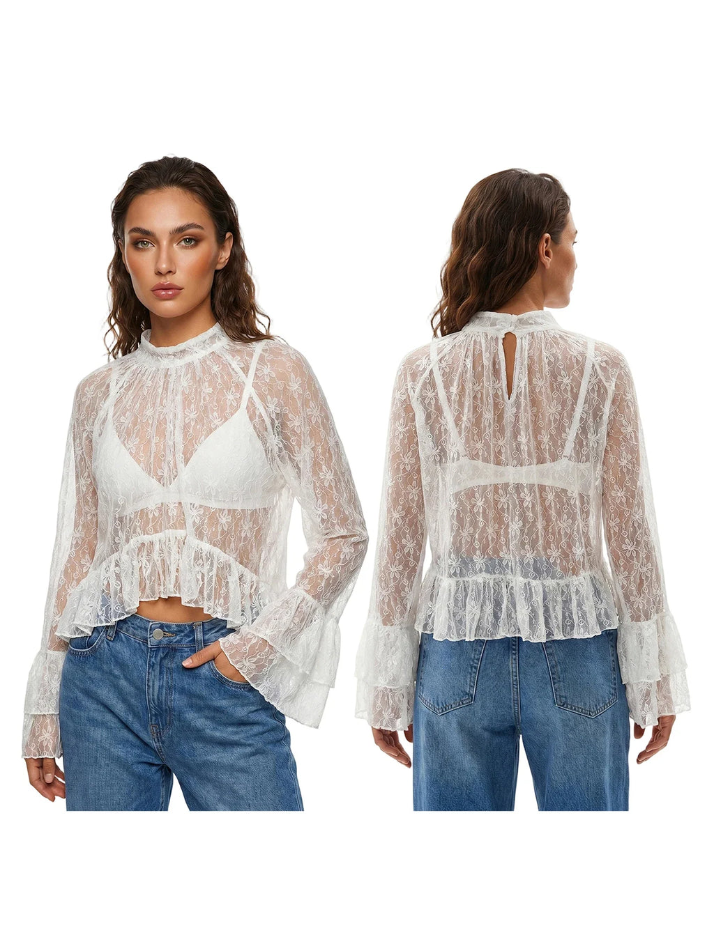 Womens Lace Floral Sheer Blouse Flare Long Sleeve Mock Neck Ruffle Peplum Hem Cropped Shirts Elegant Sexy Cover-ups Tops