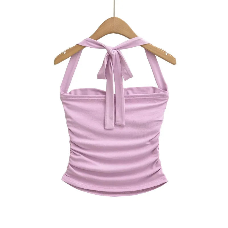 New Women's Fashion Sexy Backless Halter Neck Tie-up Ruched Tube Top Ultra-short Camisole Top In Solid Color Pure Desire F1MR