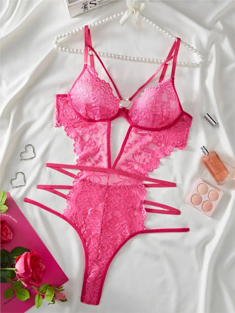 Women Lace Bodysuit Female Underwear Floral Embroidery Heart Shaped Ornament Design Bodycon