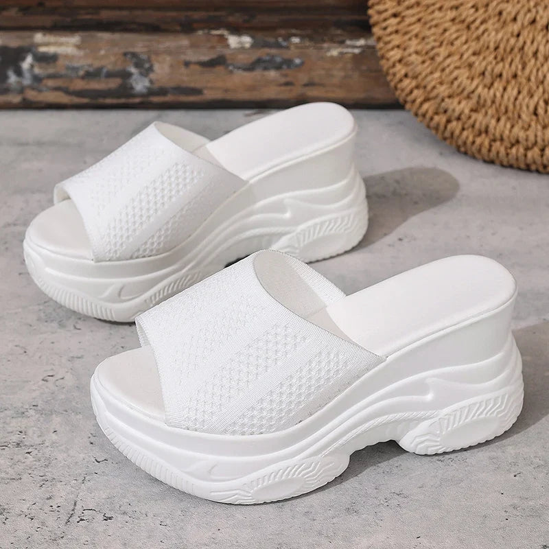 Peep Toe Wedge Heel Slippers Women Breathable Knitted Chunky Platform Sandals Woman Plus Size 43 Thick Sole Summer Sandals 2026